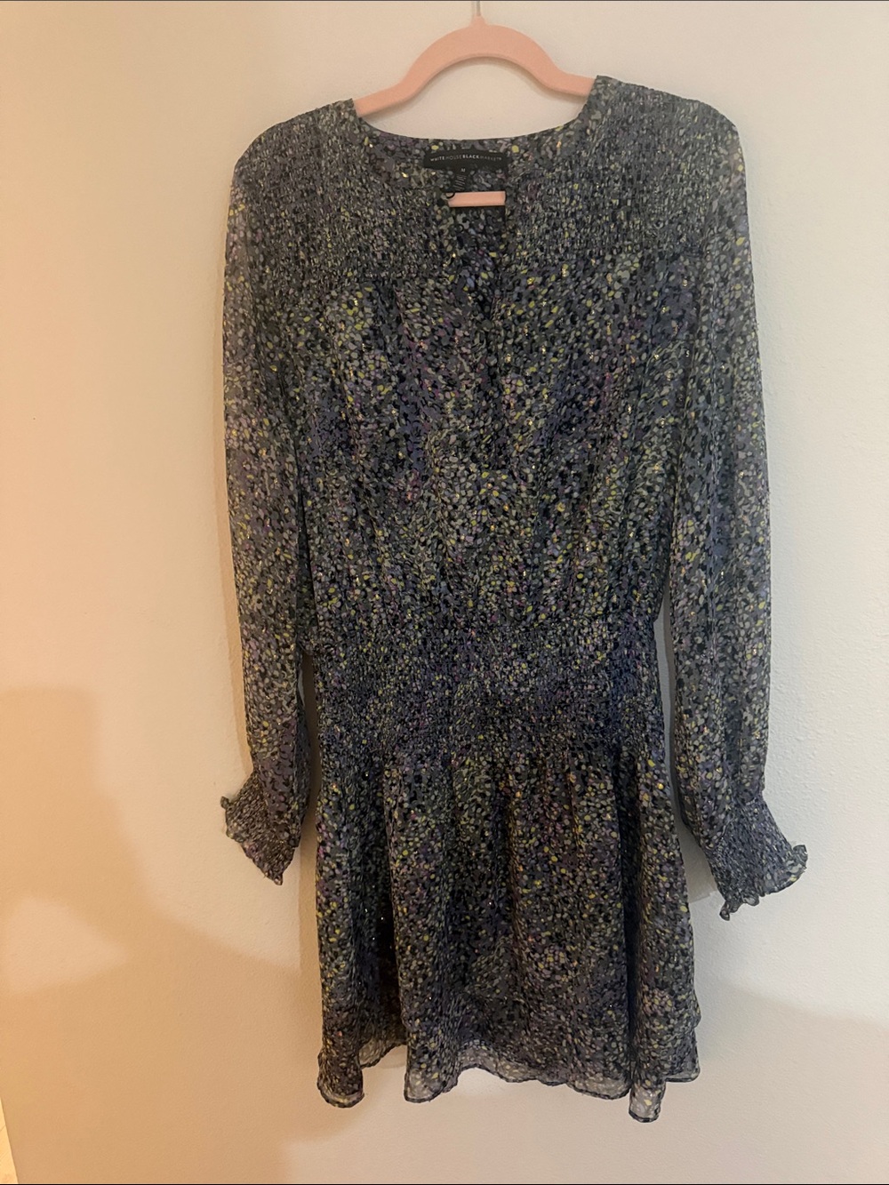 White House Black Market Navy Floral Long-Sleeve Smocked Dress